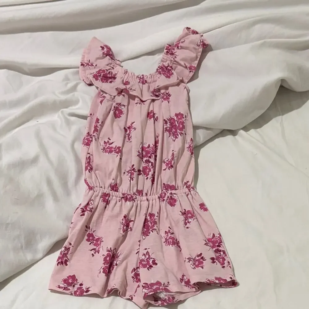 Childrens place S 5/6 Floral Pink Kids Romper ruffled sleeve